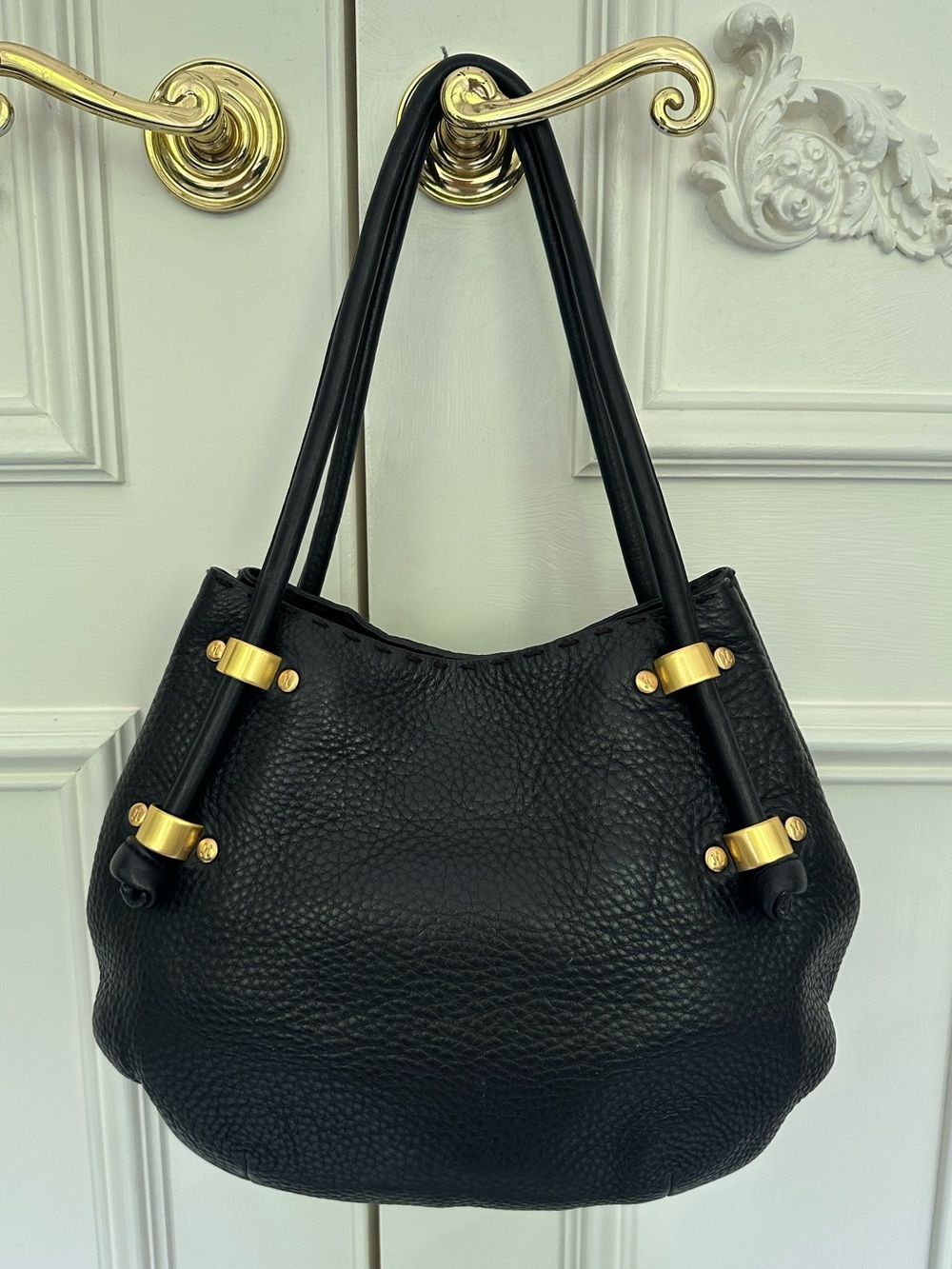 Cole Haan Black Pebbled Leather Shoulder Tote with Gold Hardware